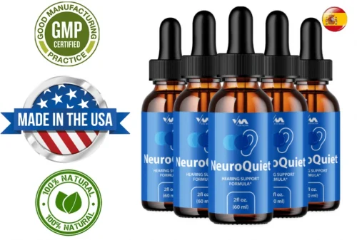 6 frascos de NeuroQuiet con etiquetas de Made in the USA, 100% Natural y certificado GMP, junto a la bandera de España.