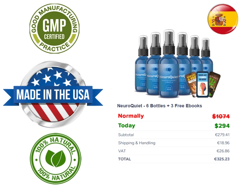 Oferta de NeuroQuiet con 6 frascos, 3 ebooks gratis, bandera de España y sellos Made in the USA y 100% Natural.